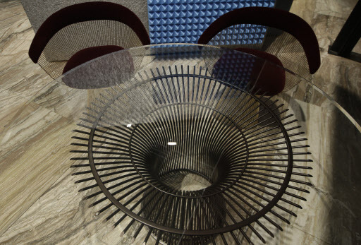 A table and two chairs are on display at the Knoll space as part of the design fair, in Rho, near Milan, Italy. (AP-Yonhap)