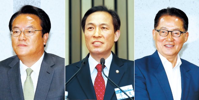 From left: The Saenuri Party floor leader Rep. Chung Jin-suk, The Minjoo Party of Korea floor leader Rep. Woo Sang-ho and the People’s Party floor leader Rep. Park Jie-won (Yonhap)