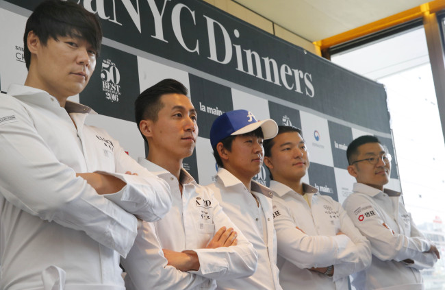 From left: Chefs Choi Hyun-seok of Elbon The Table, Jang Jin-mo of A&ND, Yim Jung-sik of Restaurant Jungsik, Tony Yoo of 24 Seasons and Kang Min-goo of Mingles pose at a press conference held at the Four Seasons Hotel in Seoul on Monday for the upcoming KoreaNYC Dinners summer event. (Yonhap)