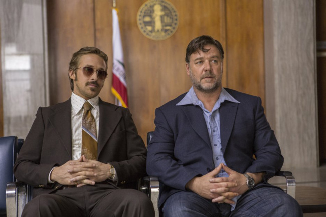 Mystery-comedy flick “The Nice Guys” is directed by Shane Black and stars Ryan Gosling (left) and Russell Crowe. (Warner Bros. Pictures)