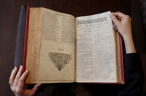 The first folio of Shakespeare’s collected works is displayed at Christie’s auction rooms in London on April 19. (AP-Yonhap)
