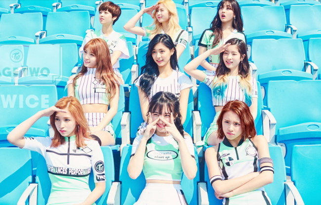 Girl group Twice poses for a promotional photo of its recent single “Cheer Up.” (JYP Entertanment)