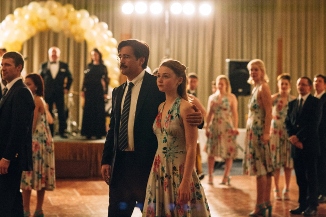 Colin Farrell (left) as David and Jessica Barden as Nosebleed Woman in a scene from “The Lobster.” (Feelgood Entertainment)