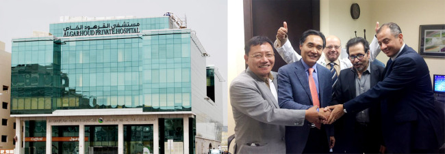 Officials pose after signing the deal to jointly open an infertility center. (From left) Royal Kwon, chairman of Starnet Global Group; Kim Tae-kyung, vice president of Cheil General Hospital; Dr. Nael el-Shal, consultant diagnostic and Radiologist of Al Garhoud Hospital; Dr. Ahmed Ghanem, CEO of Al Garhoud Hospital; Moataz Zain, CFO of Al Garhoud Hospital.
(Cheil General Hospital & Women’s Healthcare Center)　