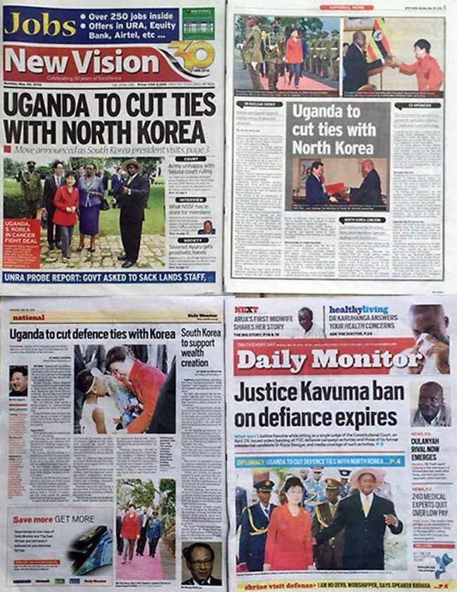 Uganda’s local newspapers report on the government’s decision to cut military and diplomatic ties with North Korea after the summit talks with South Korea on Sunday. (Yonhap)