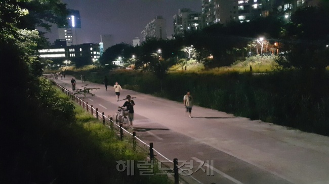하천변 자전거도로와 산책로에서는 자정에 가까운 시간에도 많은 주민들이 나와 운동을 즐기는 모습을 어렵지 않게 찾아볼 수 있다. 하지만 그에 부합하는 방범 시스템은 제대로 갖춰지지 않다보니 시민들은 범죄 위험에 고스란히 노출되고 있다. 신동윤 기자/realbighead@heraldcorp.com