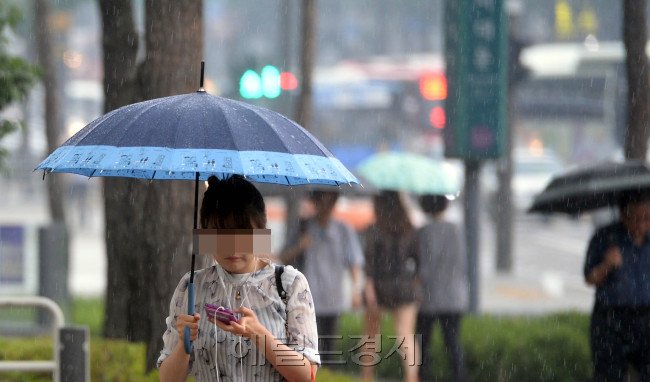 장마철에는 특히 우산을 쓰고 스마트폰에 몰입하다가 교통 사고 등 위험에 처하는 경우가 많다. 장맛비가 쏟아지던 지난 22일 서울 서대문역 인근에서 한 보행자가 우산을 쓴 채로 스마트폰을 보며 걷고 있다. 박현구 기자/phko@heraldcorp.com