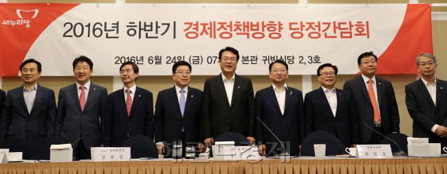 24일 오전 서울 여의도 국회 귀빈식당에서 2016년 하반기 경제정책방향 당정간담회가 열린 가운데 참석자들이 기념촬영을 하고 있다. 박해묵 기자/mook@heraldcorp.com