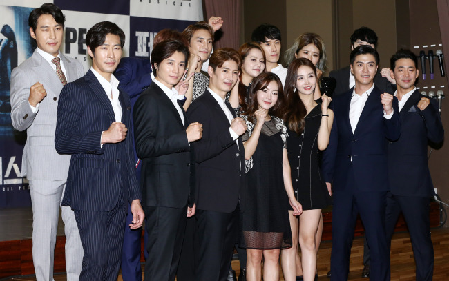 The cast of the upcoming musical “Peste” pose at a press conference held at the Di Nozze Convention center in Seoul on Thursday. (Yonhap)
