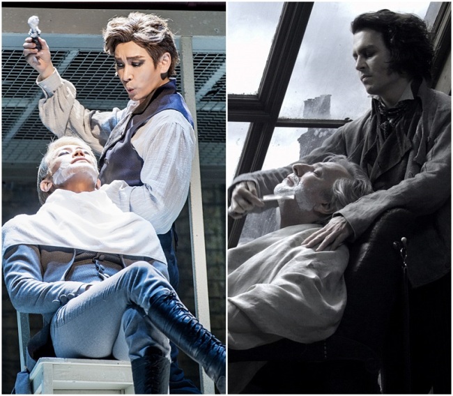터핀 판사를 면도하는 스위니 토드. 긴장 넘치는 장면이지만 듀엣곡 ‘Pretty Woman’의 선율은 그 어느 넘버보다도 서정적이다. [사진=오디컴퍼니, 워너브라더스코리아]
