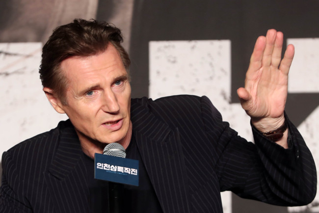 Liam Neeson speaks to reporters at a press conference for “Operation Chromite” in eastern Seoul on Wednesday. (Yonhap)