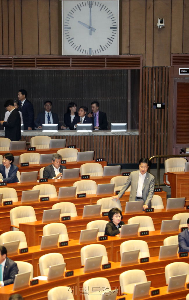 20일 서울 여의도 국회에서 열린본회의에서 사드(THAAD·고고도미사일방어체계) 배치에 대한 긴급현안질문 관련 본회의에서 의원들의 많은 빈자리가 눈에 띈다. 본회의장 내 시계는 이미 예정 개의 시간을 넘기고 있다. 박해묵 기자/mook@heraldcorp.com