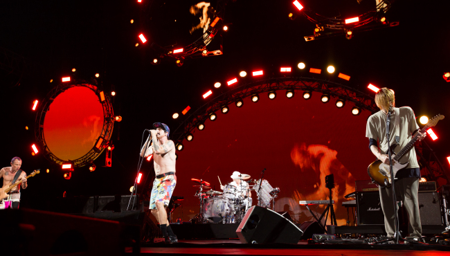 Rock band Red Hot Chili Peppers performs on stage at the Jisan Valley Rock Music & Arts Festival on Friday. (CJ E&M)