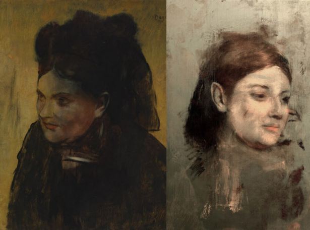 Photos provided by Australian Synchrotron and the National Gallery of Victoria shows Edgar Degas‘ “Portrait of a Woman” (left) and an image which appears, with X-ray fluorescence microscopy, beneath the painting. (AP-Yonhap)