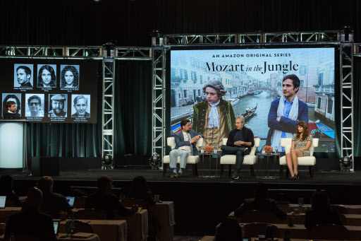 From left: Executive producer Roman Coppola, executive producer Paul Weitz and actress Lola Kirke participate in the “Mozart in the Jungle” panel during the Amazon Television Critics Association summer press tour on Sunday in Beverly Hills, California. (AP-Yonhap)