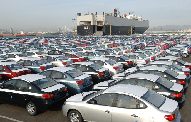 Hyundai Motor cars wait to be shipped at a Korea port.