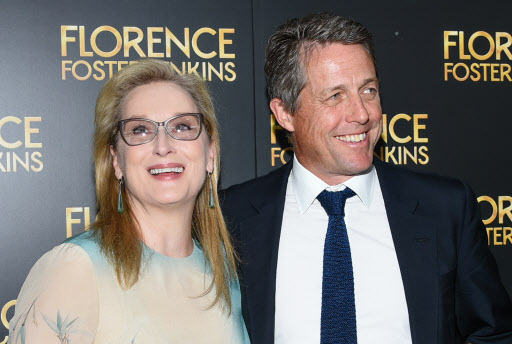 Actors Meryl Streep, left, and Hugh Grant attend the premiere of “Florence Foster Jenkins” at AMC Loews Lincoln Square on Tuesday, in New York. (AP-Yonhap)