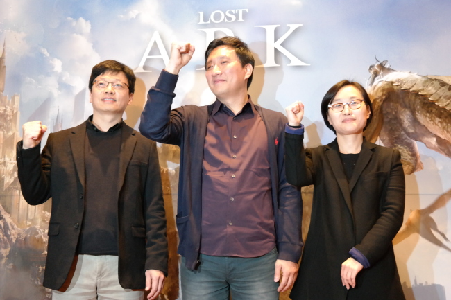 Smilegate Holdings Chairman Kwon Hyuk-bin (left) at the launch event of “Lost Ark” on Aug.18