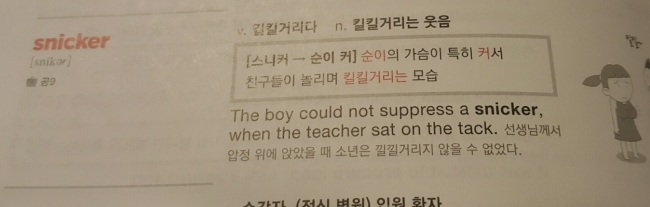 공무원 시험용 영어단어 교재 내용 일부. 성희롱ㆍ약자에 대한 편견을 조장하는 내용으로 단어를 설명하고 있어 논란이 일고 있다. ‘snicker[스니커→순이커] 순이의 가슴이 특히 커서 친구들이 놀리는 모습’으로 설명하는 식이다.