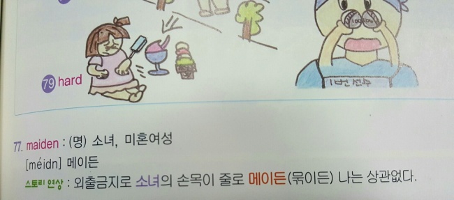 공무원 시험용 영어단어 교재 내용 일부. 성희롱ㆍ약자에 대한 편견을 조장하는 내용으로 단어를 설명하고 있어 논란이 일고 있다. ‘snicker[스니커→순이커] 순이의 가슴이 특히 커서 친구들이 놀리는 모습’으로 설명하는 식이다.