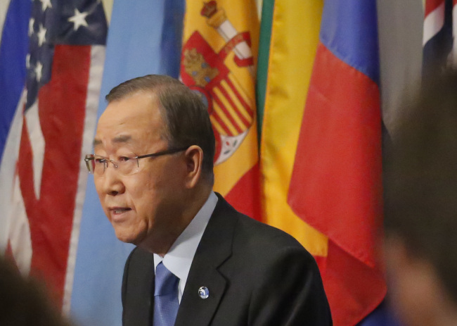 UN Secretary-General Ban Ki-moon speaks at a press briefing, condemning North Korea's fifth nuclear test as a "brazen breach" of U.N. resolutions, Friday at U.N. headquarters. (AP-Yonhap)
