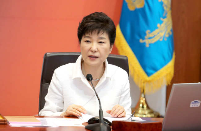 President Park Geun-hye speaks at a Cabinet meeting Tuesday, calling for stronger sanctions against North Korea‘s nuclear provocations and advocating the Terminal High Altitude Area Defense system.