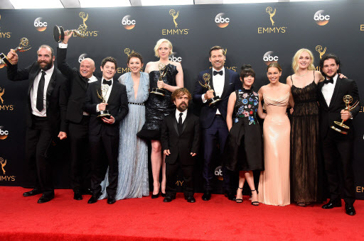 From left: Actors Rory McCann, Conleth Hill, Iwan Rheon, Gwendoline Christie, Peter Dinklage, Nikolaj Coster-Waldau, Maisie Williams, Emilia Clarke, Sophie Turner and Kit Harington, winners of Best Drama Series for “Game of Thrones,” pose in the press room during the 68th Annual Primetime Emmy Awards at Microsoft Theater on Sunday in Los Angeles, California. (AFP-Yonhap)