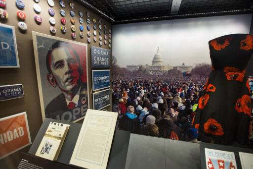 An exhibit on the inauguration of President Barack Obama, shown on display at The National Museum of African American History and Culture during a media preview of the museum in Washington on Sept. 14. (EPA-Yonhap)