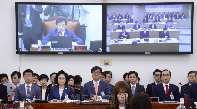 7일 오전 서울 여의도 국회에서 국무총리실 소관 경제인문사회연구회와 산하 국책연구원에 대한 국회 정무위원회 국정감사가 실시된 가운데 국회와 세종정부청사를 화상으로 연결해 국감을 진행하고 있다.  박해묵 기자/mook@