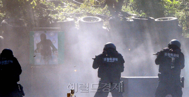 ［헤럴드경제=박현구 기자] 최근 서울 서초구 경찰특공대에서 열린 ‘제10회 경찰특공대 전술평가대회’에서 경찰특공대원들이 테러범 진압 등 대(對)테러 훈련 시범을 보이고 있다. 경찰청은 특공대 간 경쟁을 통해 기량을 평가하고 대테러 역량을 높이기 위해 2007년부터 해마다 해당 대회를 개최하고 있다. 전국 특공대원 250여 명이 참석한 가운데 열린 올해 대회에는 2018년 평창동계올림픽 대회를 대비해 실전에 가까운 훈련 내용과 평가 방식이 도입됐다. 특공대원들은 총 6종목(전술 단체전ㆍ전술 개인전ㆍ폭발물 처리ㆍ폭발물 탐지ㆍ수색견 운용ㆍ저격)에서 그동안 닦은 기량을 겨뤘다. phko@heraldcorp.com