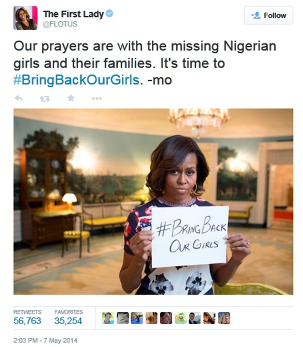 해외에선 이미 해시태그 운동이 활발하게 진행중이다. 사진은 지난 2014년 나이지리아에서 270명 가량의 여학생들이 이슬람 무장 단체에 의해 납치됐을 때 미국의 영부인 미셸 오바마가 ‘여학생들을 돌려보내라’는 뜻의 ‘#BringBackOurGirls’ 운동 게시글을 SNS 트위터에 게재한 이미지.  [출처=트위터 캡처]