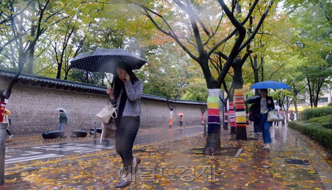 [사진=25일 오전 전국적으로 가을비가 내리고 있는 가운데 출근길 시민들이 단풍이 물들어 가는 서울 중구 덕수궁 돌담길에서 발걸음을 재촉하고 있다. 기상청은 이날 오후 가을비가 그친 뒤 당분간 아침 기온이 평년보다 조금 낮을 것이라고 예보했다. 정희조 기자/checho@heraldcorp.com]