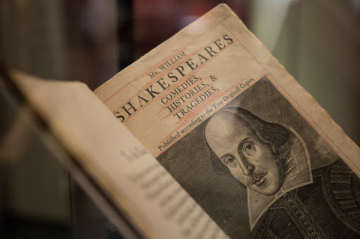 A surviving copy of Shakespeare’s First Folio sits in a display glass case at Sotheby’s in Hong Kong, China, Monday. (EPA-Yonhap)