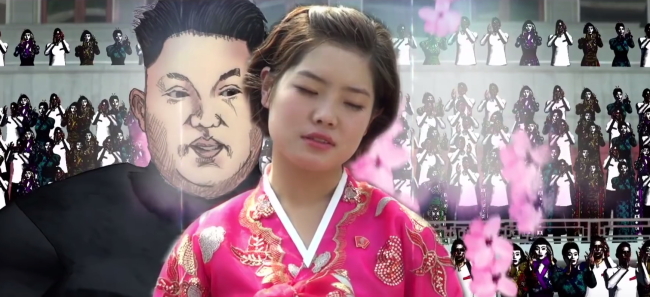 Still from Kinsella’s documentary “The Wall” shows Young-hee against the backdrop of a computer animated Kim Jong-un. (David Kinsella)