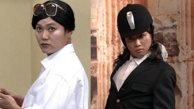 tvN ‘SNL코리아 시즌 8’에서 배우 김민교 씨와 코미디언 유세윤 씨가 각각 최순실 씨와 정유라 씨를 연상시키는 모습으로 분장해 패러디한 모습.    [사진=tvN 방송화면 캡처]