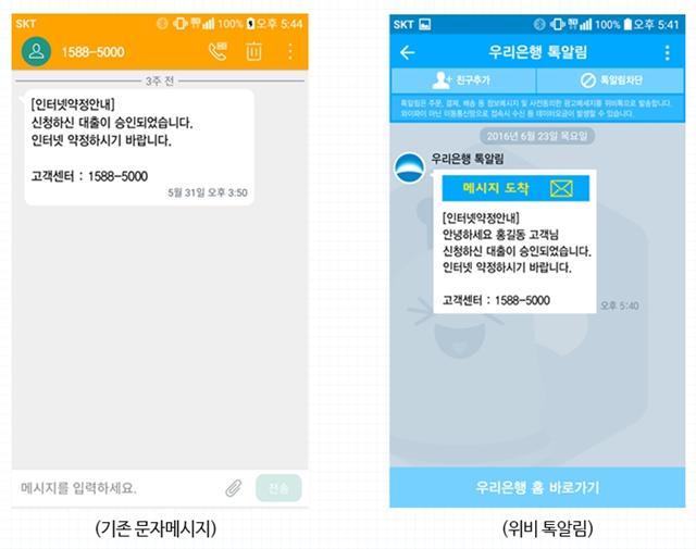 우리은행 모바일 메신저 ‘위비톡’의 톡알림 서비스. 기존 문자메시지(SMS, LMS)로 보내던 은행 정보성 메시지를 위비톡을 통해 발송하는 것이다. 우리은행은 내년 1월 말부터 기업, 기관 등도 톡알림 서비스를 통해 메시지를 전달할 수 있도록 할 예정이다.  [자료제공=우리은행]