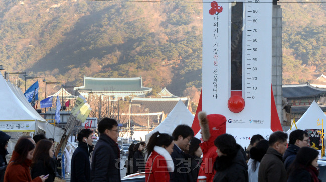 [헤럴드경제=박현구 기자] 수도권 일부 지역에 한파주의보가 발령된 6일 오전 서울 종로구 광화문광장에 설치된 ‘사랑의 온도탑’ 수은주가 6.7도를 나타내고 있다. 사회복지공동모금회(사랑의 열매)에 해마다 세우는 ‘사랑의 온도탑’은 모금이 목표액수를 채우면 수은주가 100도로 오르게 된다. 올해는 경제난에 ‘박근혜-최순실 게이트’ 정국까지 겹쳐 기부 문화가 위축되고 있다는 우려의 목소리가 나오고 있다. ‘사랑의 온도탑’ 너머로 청와대가 보인다.
phko@heraldcorp.com