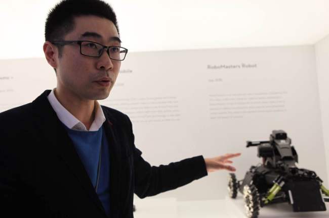 Wang Fan, DJI Technology’s communication director, introduces DJI drones on Nov. 10 at the company‘s headquarters in Shenzhen, China. Park Ga-young/The Korea Herald
