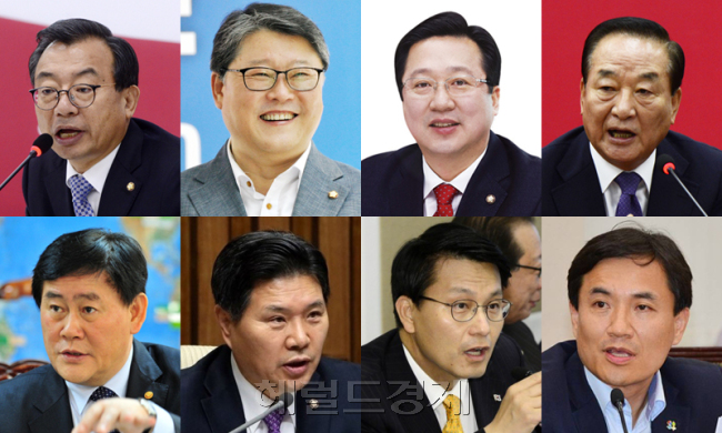 [새누리당 비상시국위원회로부터 ‘최순실의 남자들’로 지목된 (왼쪽 위부터) 이정현 대표, 조원진ㆍ이장우 최고위원, 서청원ㆍ최경환ㆍ홍문종ㆍ윤상현ㆍ김진태 의원 8명이 13일 비상시국위 대변인 황영철 의원을 명예훼손 혐의로 서울 영등포 경찰서에 고소했다. 사진출처=헤럴드경제DB]