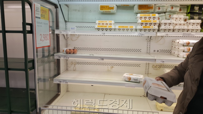 [사진=지난 13일 오후 서울시내 한 대형마트 달걀판매 코너의 모습. 조류독감으로 인해 산란계가 대량 살처분되며 달걀 공급에 차질을 빚고 있다. 구민정 기자/korean.gu@heraldcorp.com]