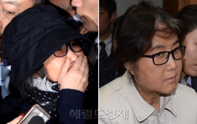 지난 10월 31일 검찰에 출석할 당시(왼쪽) 최순실 씨는 “죽을 죄를 지었다”고 한 것과 달리 19일 열린 재판에선 모든 혐의를 부인했다. [사진=헤럴드경제DB]