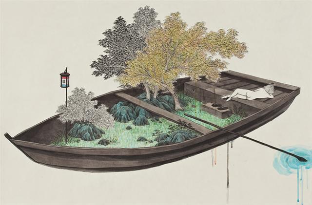 김민주, 배를 저어가자, 장지에 먹, 채색, 60×90cm, 2010.
[사진제공=슈페리어갤러리]