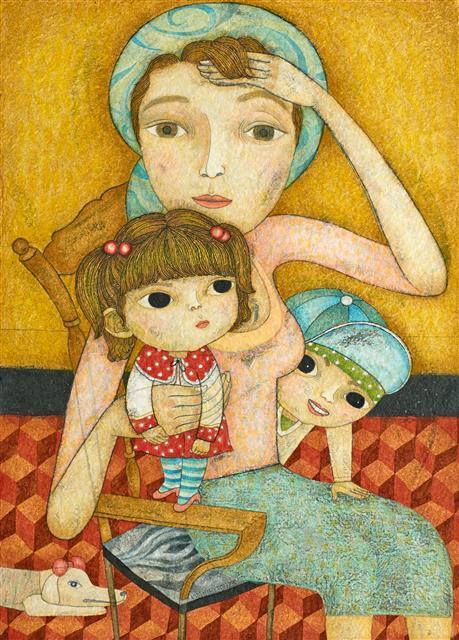 김혜연, 두 아이와 엄마, 요철지에 채색, 72×101㎝, 2016
[사진제공=청화랑]