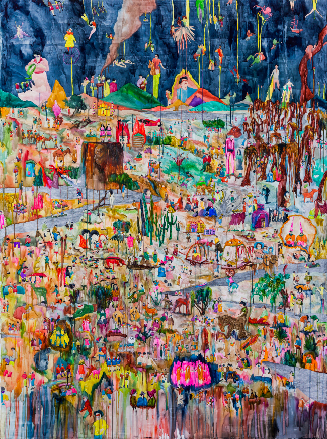 노상호, 태어나면모두눈을감아야하는마을이있었다, 260x190cm, 캔버스천먹지드로잉, 2014 [사진제공=아라리오갤러리]