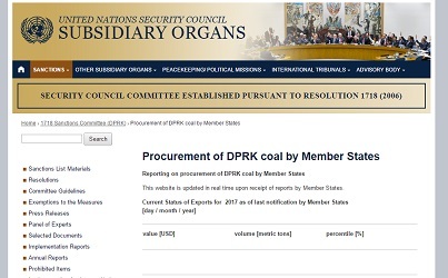 A screenshot of the United Nations Security Council website featuring DPRK coal by member states