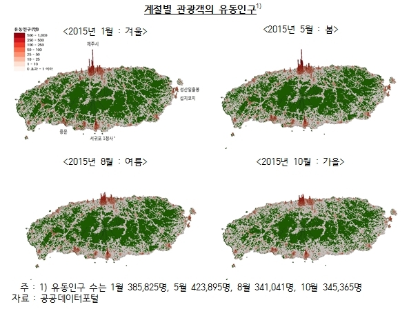 자료=한국은행 제주본부 백경훈 차장, 한국부동산연구원 이진 연구원 ‘빅데이터(스마트셀)를 활용한 제주지역 관광객의 활동패턴 분석’ 보고서
자료=한국은행 제주본부 백경훈 차장, 한국부동산연구원 이진 연구원 ‘빅데이터(스마트셀)를 활용한 제주지역 관광객의 활동패턴 분석’ 보고서
