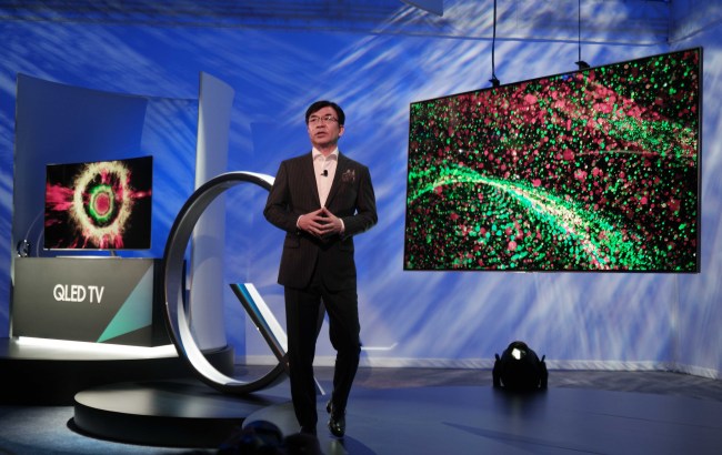 Samsung Electronics' TV chief Kim Hyun-seok introduces the company's new quantum-dot TVs at an unveiling event during the Consumer Electronics Show in Las Vegas on Jan. 3.