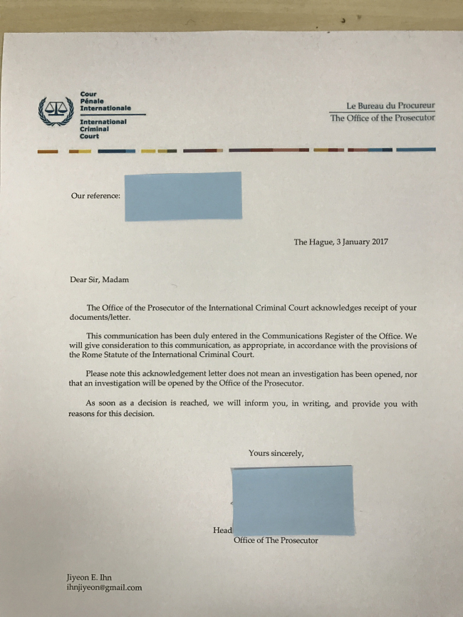 ICC’s letter to a NK refugee rights group (Yonhap)