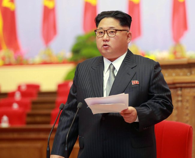 Kim Jong-un delivers a speech during the 7th Congress of the Workers' Party of Korea in Pyongyang (Yonhap)