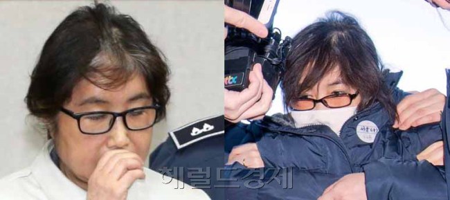 [사진설명=최순실 씨가 16일 다시한번 카메라에 모습을 드러내면서 ‘염색 논란’이 재점화되고 있다. 왼쪽은 지난해 12월 19일 첫 공판준비기일에 출석한 최 씨의 모습. 오른쪽은 16일 탄핵심판 증인으로 출석하고 있는 최 씨의 모습이다. 오른쪽 정희조 기자/checho@heraldcorp.com]